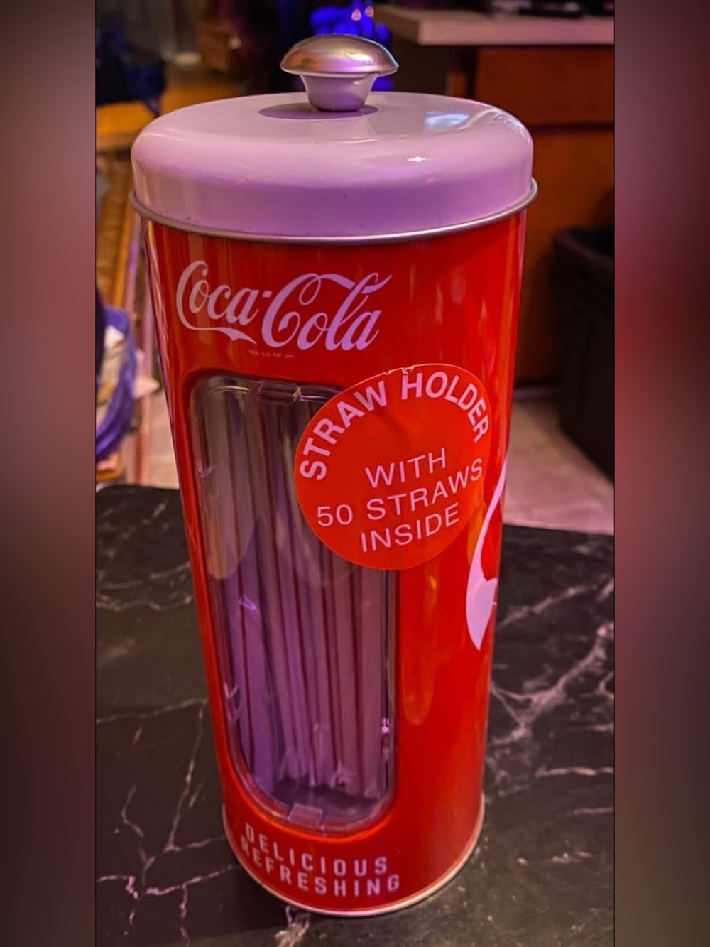 Coca-Cola Red Straw Dispenser with Pink Lid
